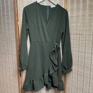 Altar’d state lined Faux wrap dress w/ ruffle olive green medium